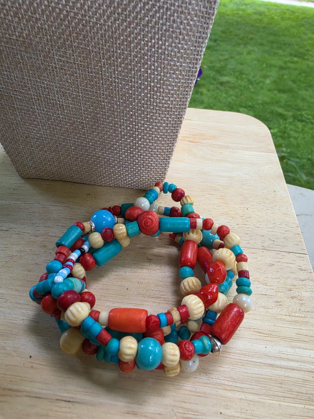 Source Unknown Turquoise, Red & Cream Beaded Wrap Bracelet